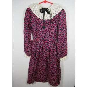 Vintage 80s Sylvia Whyte Prairie Dress Girls 8 Eyelet Collar Floral Long Sleeve